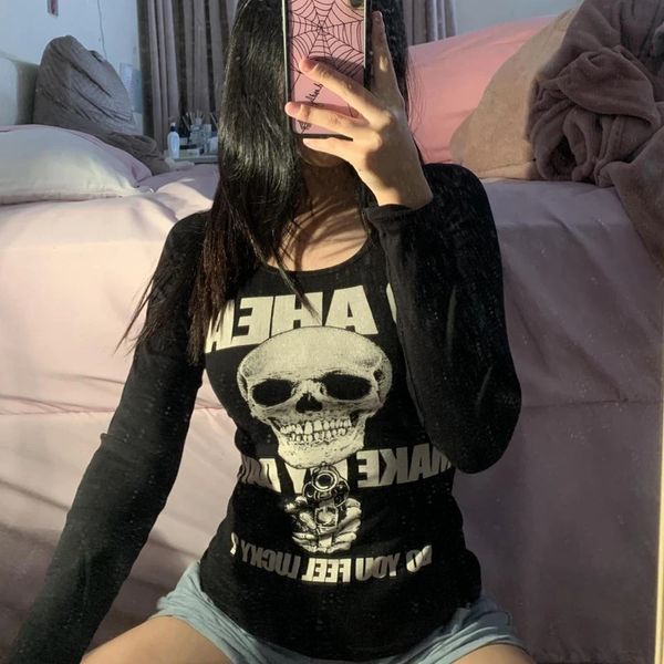 E-girl gótico crânio impressão camiseta 90s vintage escuro academia t y2k harajuku grunge retro colheita topo feminino emo alt streetwear 240312