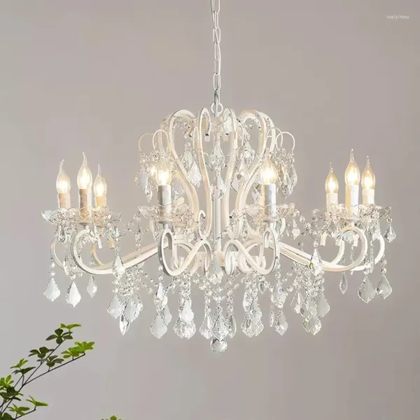 Lustres brancos lustre luz sala de estar francês lâmpada pendurada jantar iluminação menina quarto romântico cristal lustre led