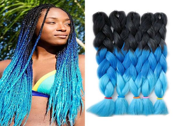 Канекалон, плетение волос, трехцветное омбре, синие синтетические косы, волосы Xpression Jumbo, вязанные крючком волосы, 24 дюйма, 100gPie8232959
