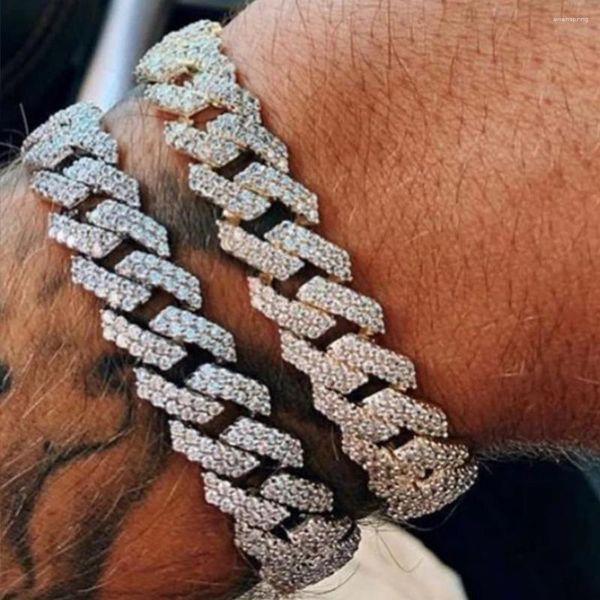 Charme Pulseiras Flatfoosie 14mm Iced Out Prong Cadeia Cubana para Mulheres Homens Bling Pave Strass Link Pulseira Hip Hop Jóias