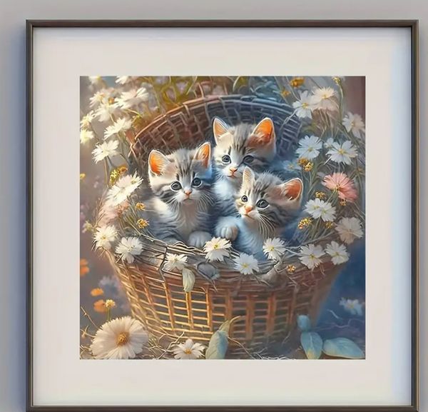 Whisker Wonders: Affascinante trio di gattini in un cestino Kit per pittura con diamanti 5D, lavorazione completa per gli amanti dei gatti Decorazioni per la casa