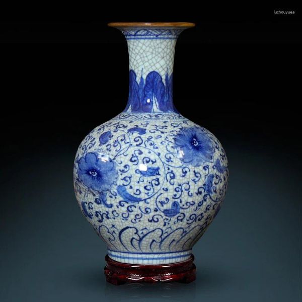 Вазы Цзиндэчжэньская керамика, ручная роспись, античная трещина, глазурованная синяя и белая фарфоровая ваза для цветов, украшение для гостиной, дома