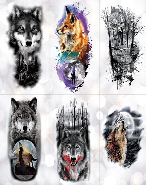 Временная татуировка-наклейка с изображением волка, луны, сосны, лисы, водонепроницаемые татуировки, лес, боди-арт, поддельные татуировки для мужчин и женщин7403987