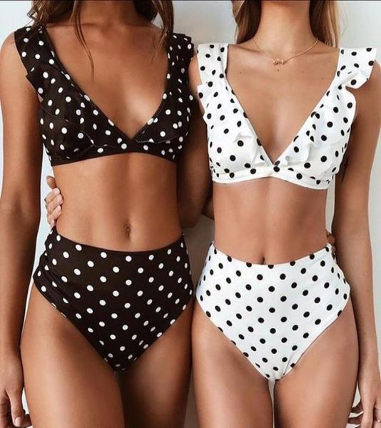 Women039s Swimwear 2021 Ruffled Deep V Cintura Alta Biquíni Maiô Preto e Branco Polka Dot Twopiece Split Print Sexy Ladies S8578361