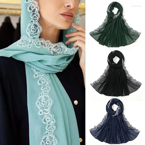 Abbigliamento etnico Pianura Pizzo Catena floreale Bubble Chiffon Scialle Hijab istantaneo Lady Fascia avvolgente di alta qualità Stole Cofano Sjaals musulmano 180