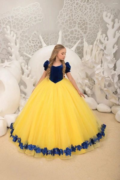 Abiti da ragazza Elegante giallo blu principessa fiore lungo bambino applicazioni compleanno festa di nozze innamorato abito Poshoot
