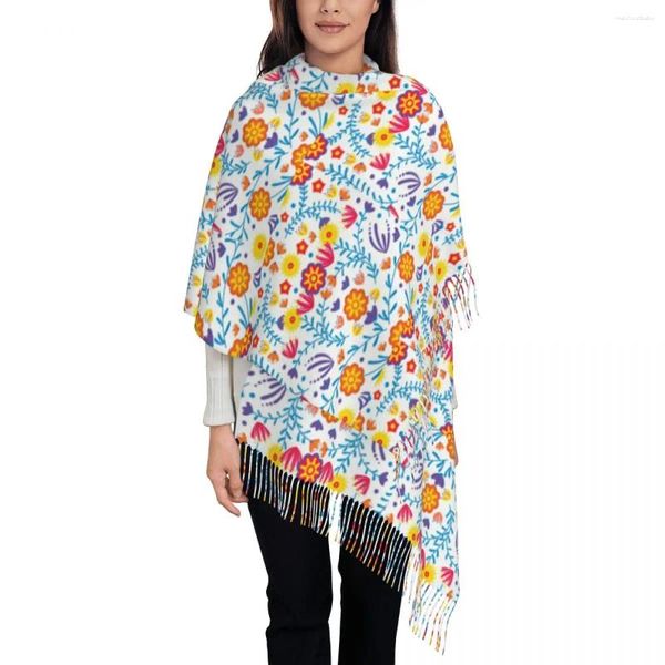 Шарфы Стильные красочные мексиканские цветы шарф с кисточками женский зимний теплый платок женская народная цветочная ткань искусство