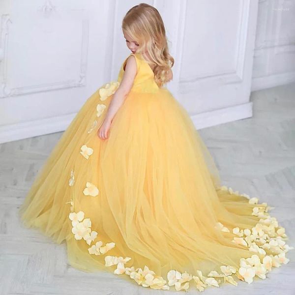 Kız Elbiseler Tül Sarı Kumu Çiçek Düğün için Sevimli Prenses Çocuklar Parlak Akşam Partisi İlk Cemaat Küçük Gelin Balürü Balo Gown