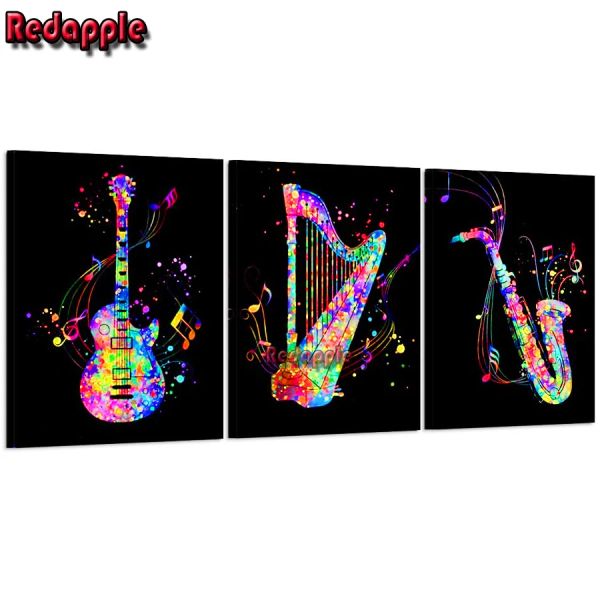 Stitch 5D diamante bordado guitarra e harpa com notas musicais, instrumentos musicais, faça você mesmo, saxofone musical moderno, decoração de casa, 3 peças