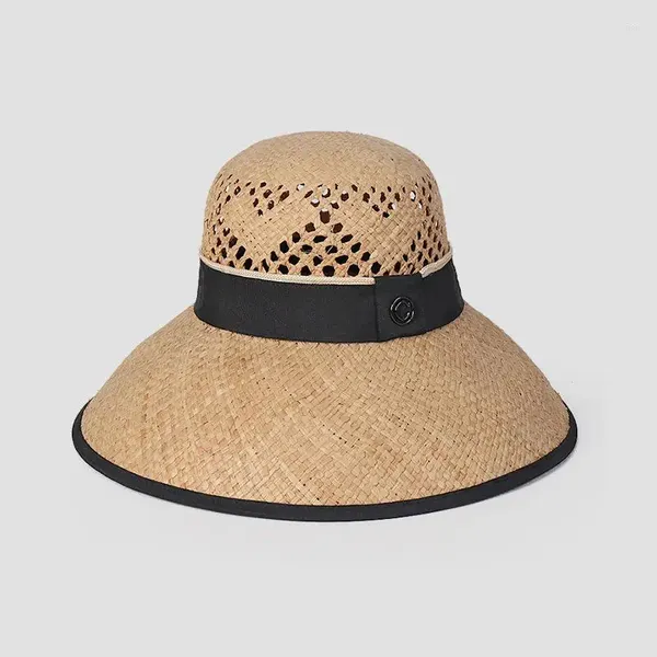 Beretler Out Designer Rafia Sun Straw Hat Kadınlar için Kara Şerit Moda Balıkçı Plajı