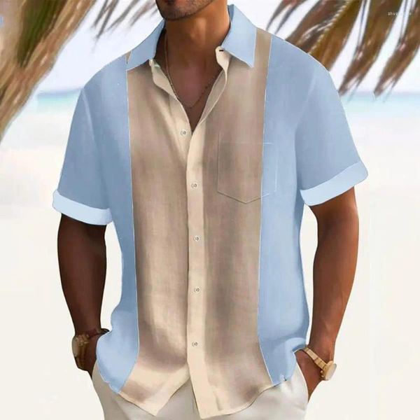 Camisas casuais masculinas camisa de verão traje elegante lapela gola cardigan com contraste cor retalhos mangas curtas para escritório