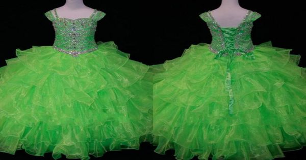 Bonito limão verde criança meninas pageant vestidos de baile organza babados boné mangas curtas menina cristal grânulo flor meninas dr8064394