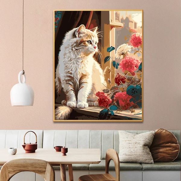 Картина по номерам для взрослых Белый созерцательный кот смотрит из окна Масляная краска по номерам Домашний декор