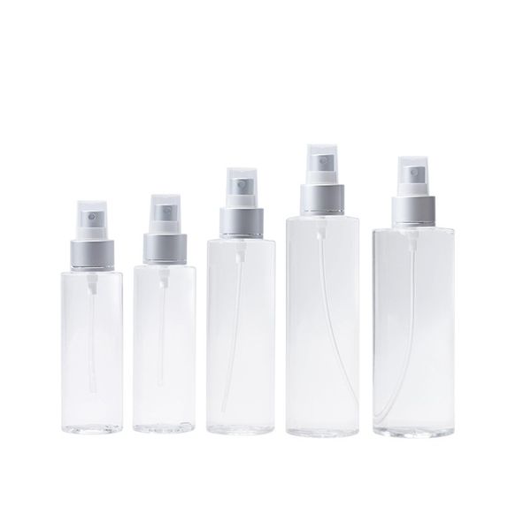 Zerstäuber-Sprühflaschen, durchsichtiger Kunststoff, Faltschulter, PET, mattsilberne Pumpe, Kosmetikverpackung, Toner, Parfüm, nachfüllbare Flaschen, 100 ml, 120 ml, 150 ml, 200 ml, 250 ml