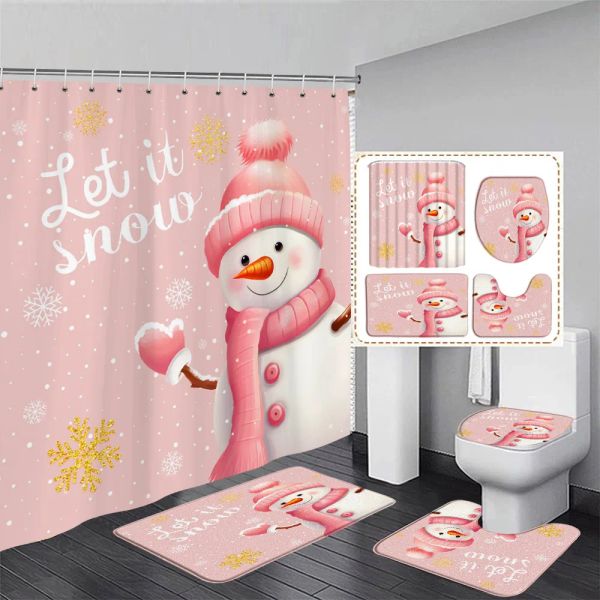 Cortinas engraçado rosa boneco de neve natal cortina de chuveiro conjunto ouro branco floco de neve nevado ano novo férias decoração do banheiro tapete banho toalete