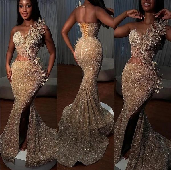 2024 Sparkly lantejoulas ilusão sereia longo vestidos de baile sheer malha top frisado alta divisão 3d formal vestidos de noite formal festa ocasião desgaste vestidos com rendas até 0314