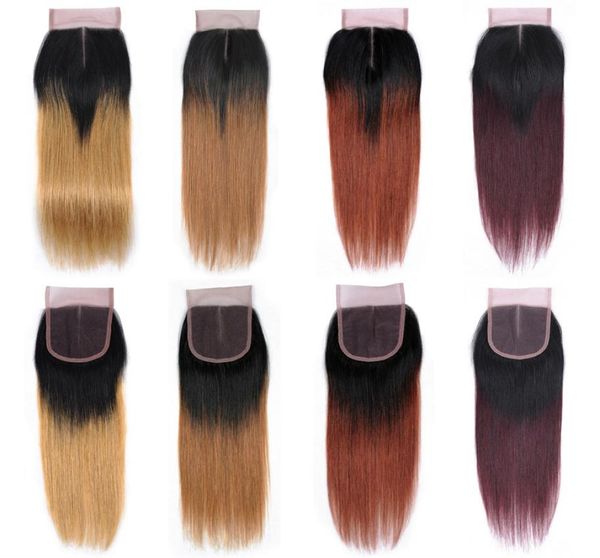 Fornitori di capelli colorati Ombre Tessuto di capelli umani Parte centrale 4x4 Estensioni di chiusura in pizzo Nero naturale 1B27 1B30 1B33 1B99J1874172