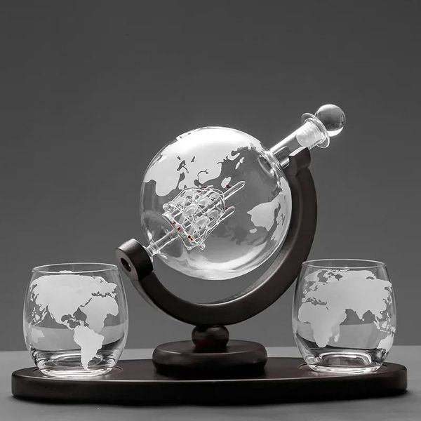 Conjunto de vidro de uísque globo de cristal jarra de licor para uísque vodka veleiro em decanter com suporte de madeira acabado bar ferramentas copo 240304