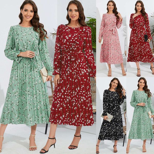 Abito da donna a fiori frammentati stile slim fit di media lunghezza con bordo arricciato 100 pieghe