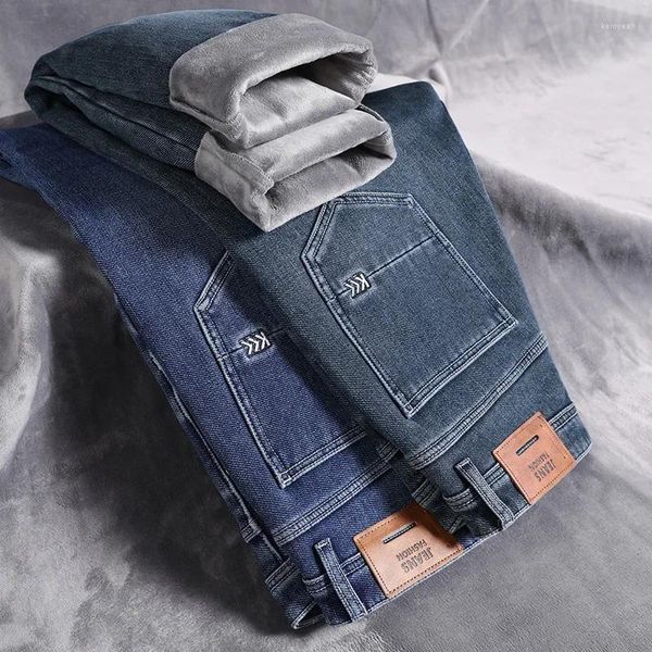 Jeans masculinos inverno homens velo negócios casual estiramento cabido em linha reta denim cowboy estudante calças masculino clássico grosso calças quentes