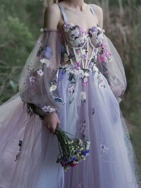 Düzeltici Benzersiz Tozlu Lavanta Prom Elbiseler Bir Çizgi Kayışları Uçucu Aplike Çiçek Kadınlar Resmi Gece Elbise Illusion Maruz Konca