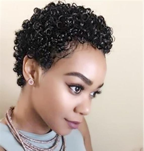 Kurze Pixie-Locken-Echthaar-Perücken für schwarze Frauen, brasilianisches Jungfrau-Afro-Haar, verworren, lockig, keine Spitze, 9451848