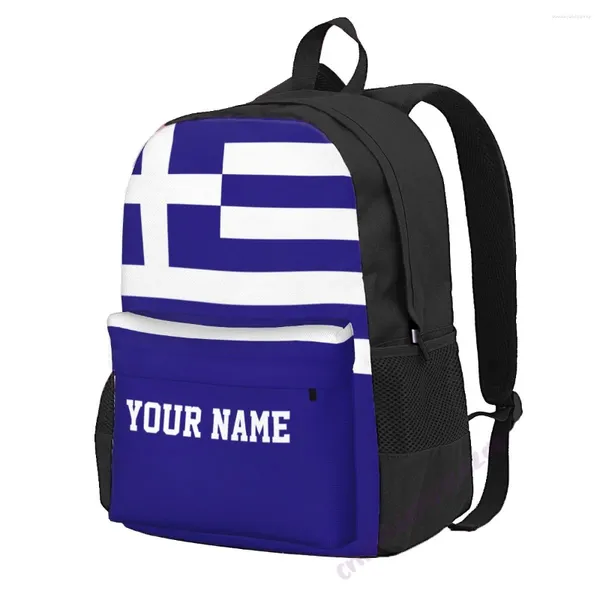 Zaino con nome personalizzato Bandiera della Grecia in poliestere per uomo donna borsa da viaggio studenti casual escursionismo campeggio