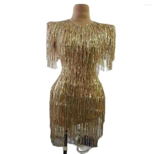 Bühne tragen Sänger Gold Pailletten Fransen Hochzeit Party Kleid Frauen Latin Dance Kostüm Quaste Club Prom Kleider