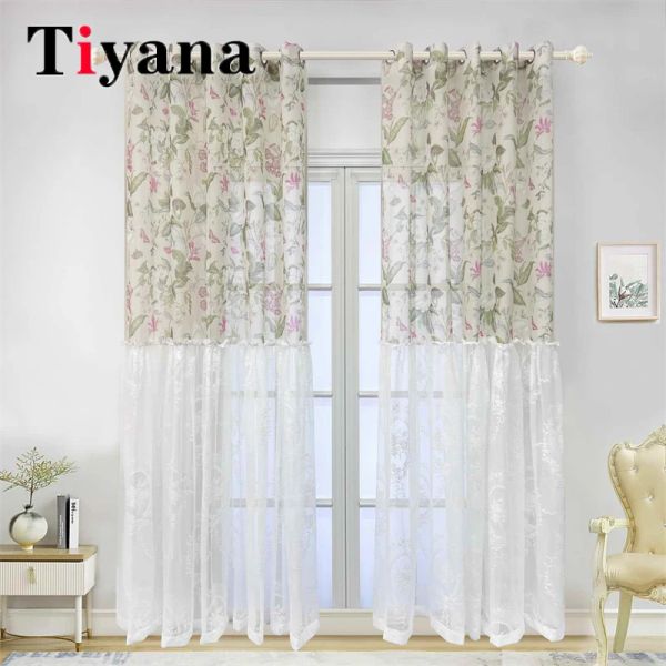 Cortinas francês romântico rosa flores bordado sheer tule impressão babados cortinas para sala de estar quarto janela laço branco voile drape