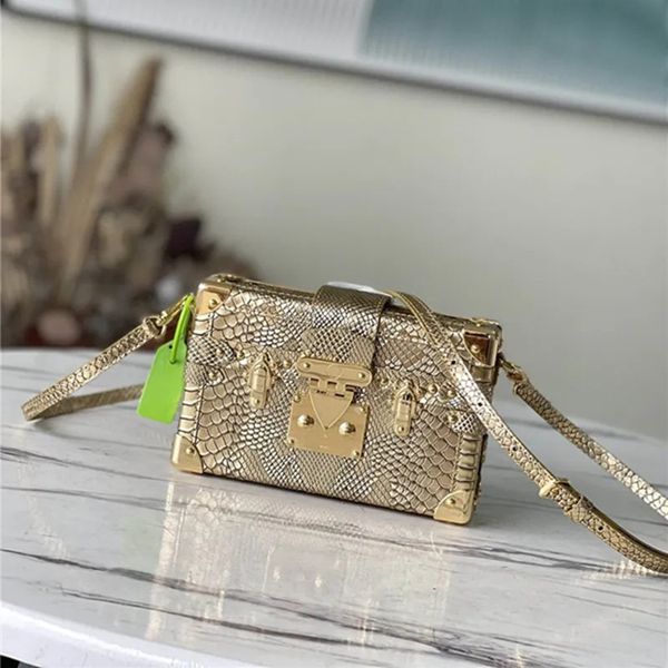 Designer Luxus Petite Malle Python Schlangenstamm Handtaschen Umhängetasche mit verstellbaren Trägern Umhängetasche Gold Hardware Serpentine Lady Party Taschen Beste Qualität