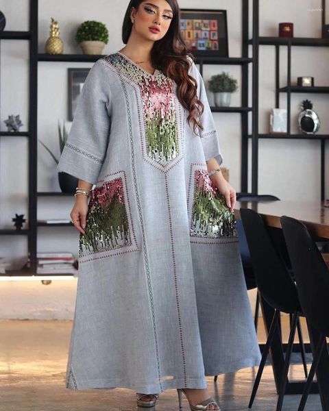 Roupas étnicas Alabiya Dubai Embroiled Robe Ramadan Muçulmano Mulheres Desgaste V-Pescoço Algodão Linho Sensação Vestido Com Lantejoulas Geométrica Decalque Impressão