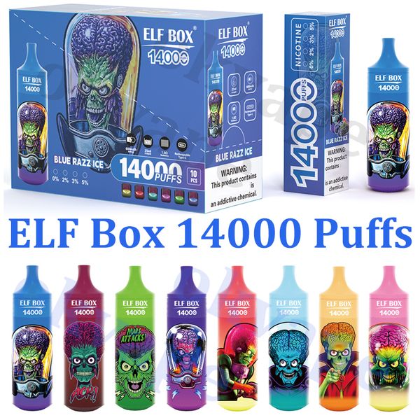 ELF BOX 14000 Puffs Vapes Cigarros eletrônicos descartáveis ​​Vaper Puff 14k 0% 2% 3% 5%25ML Pod pré-preenchido 1.0ohm Bobina de malha 600mAh recarregável RGB Light Pen