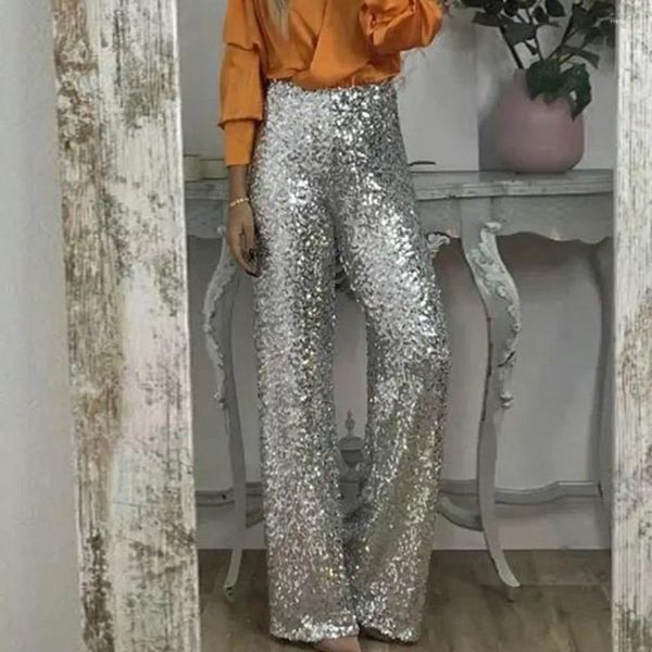 Pantaloni da donna Pantaloni a gamba dritta con paillettes a vita alta svasati per pantaloni lucenti slim fit elastici in tinta unita