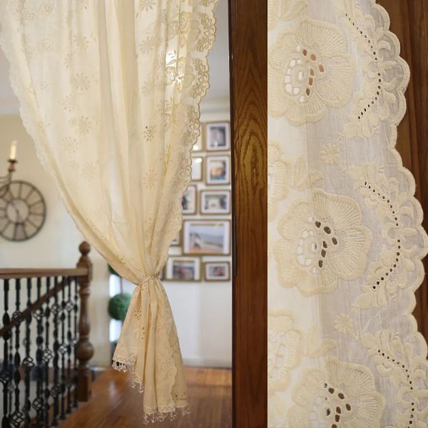 Cortinas bege café cortina bordada floral país francês renda cortina de cozinha tratamento de janela de algodão com borlas de guarnição de miçangas 1 painel