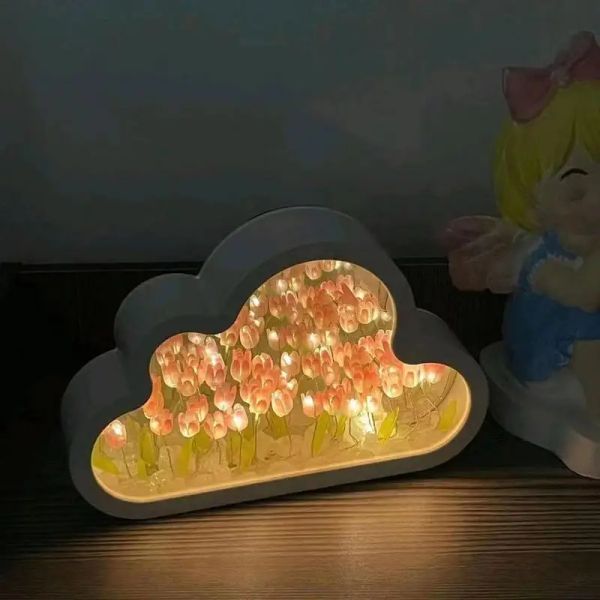 Espelhos feitos à mão diy nuvem tulipa espelho led noite lâmpada ins maquiagem espelho menina quarto desktop decoração de casa criativo presente aniversário