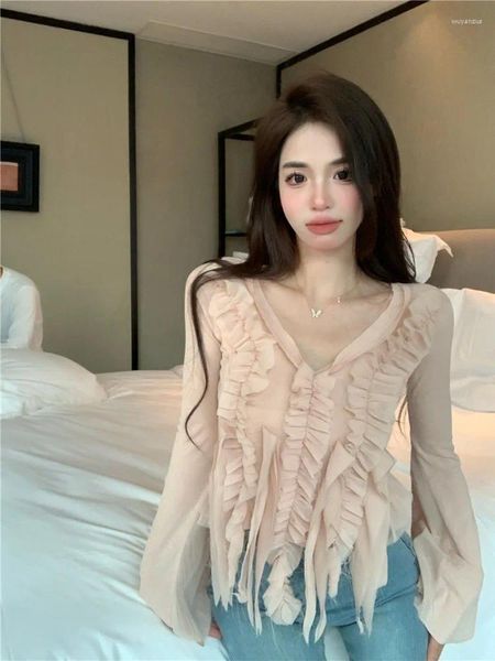 Kadın bluzları Korejepo Şifon Patchwork Top Tassel V Boyun Firarlı Kol T-Shirt Kadın Giyim 2024 Slimness Base Sıradan çok yönlü gömlekler