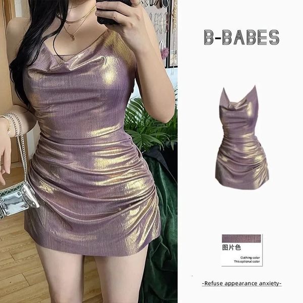 Plus Size Vestido 100kg Ouro Brilhante Roxo Nicho Dres Pendurado Pescoço Hip Saia Puro Desejo Sexy Capa Carne e Cintura Fina 240312