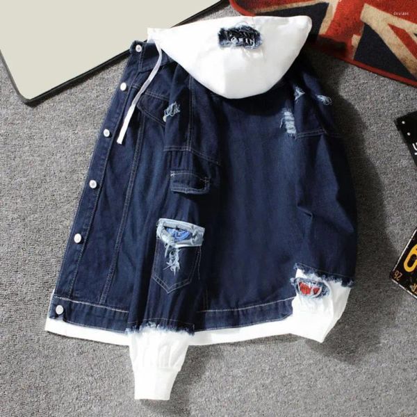 Jaquetas masculinas homens retalhos denim jaqueta elegante primavera com capuz com design de correspondência de cores fechamento de peito rasgado para