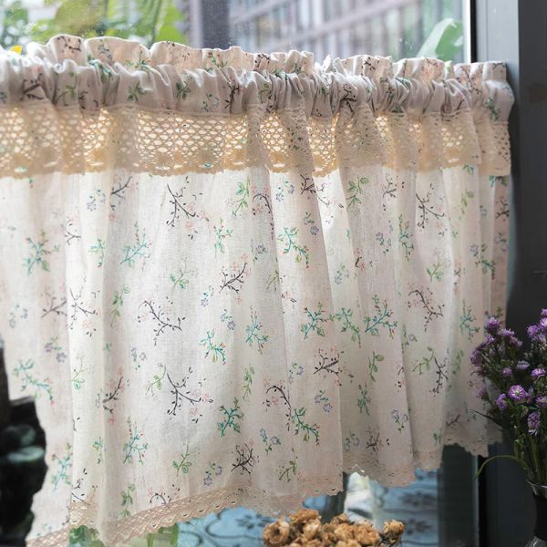 Cortinas curtas para janela de cozinha, estampa de flores, decoração de renda, casa de fazenda, cozinha, capa de armário, estilo rústico americano