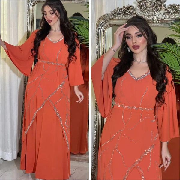 Ethnische Kleidung Chiffon Kleid Glänzende Diamanten Gedruckt Abaya Für Frauen Muslimischen Kleid Mit Gürtel V-ausschnitt Jalabiya Kaftan Robe Mode Vestidos