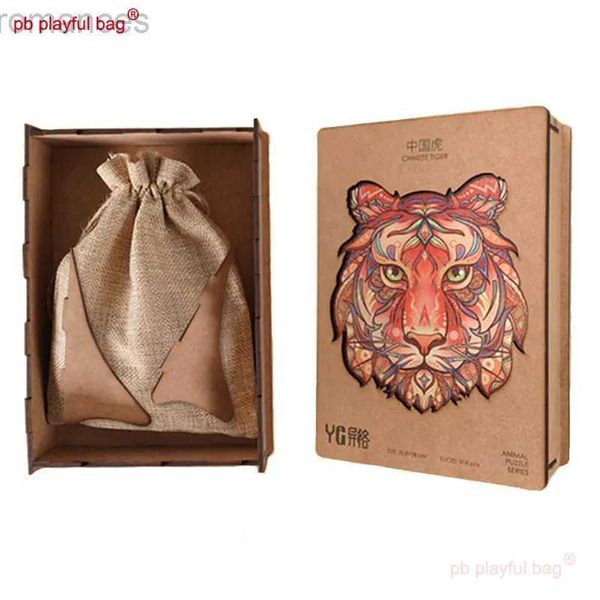 3D Puzzles PB Playful Bag Caixa de madeira em forma irregular Animal Ano do tigre Puzzle Crianças brinquedos educativos Chinês Tiger presente UG208 240314