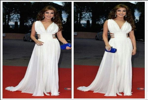 Nancy Ajram Árabe Dubai Ruched Chiffon Vestidos de baile de formatura Vestidos de festa no tapete vermelho Vestido de celebridade muçulmana Decote profundo Sid8878897