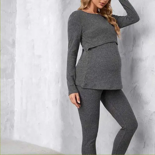 Pantaloni da donna Grigi Abbigliamento premaman lavorato a maglia in due pezzi Girocollo Manica lunga Comodo set casual slim ad alta elasticità