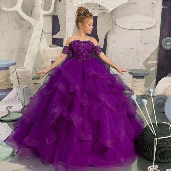 Платья для девочек Фиолетовое бальное платье для девочек с аппликациями из бисера на бретельках с открытой спиной и открытой спиной Платье для первого причастия Театрализованное представление