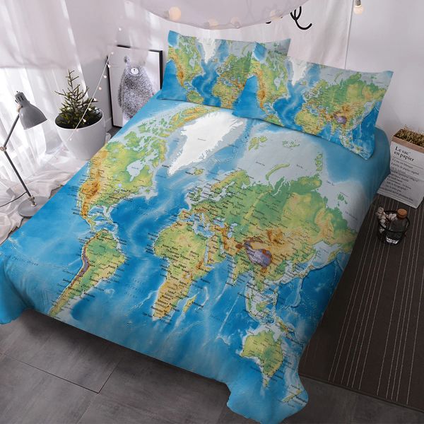 Set World Map Design Bettwäsche Set Dekorative 3 -teilige Bettbedeckung mit 2 Kissenschamern Vorhänge