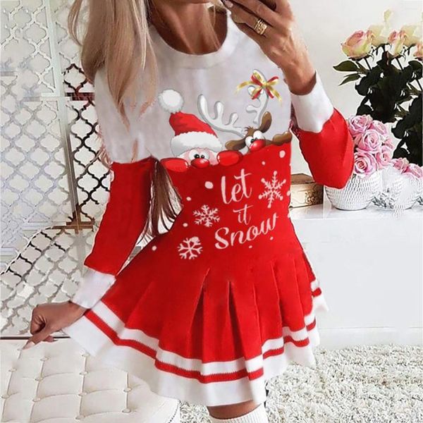 Casual Kleider Frauen Weihnachtskleid Santa Claus Eik Schneeflocke Drucken Langarm Party Damen Rot Weihnachten Kostüm Jahr Vestidos