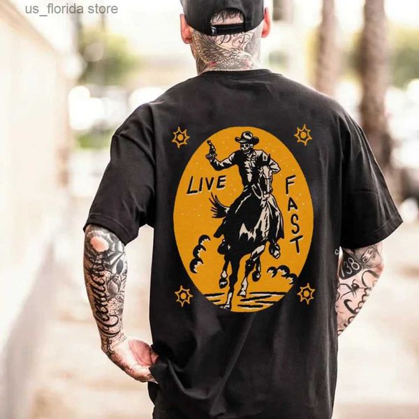 Homens camisetas Novos homens t-shirt curto slve tops crânio gráfico vestuário harajuku strtwear o-pescoço oversized verão homens t cowboy roupas 2023 y240314