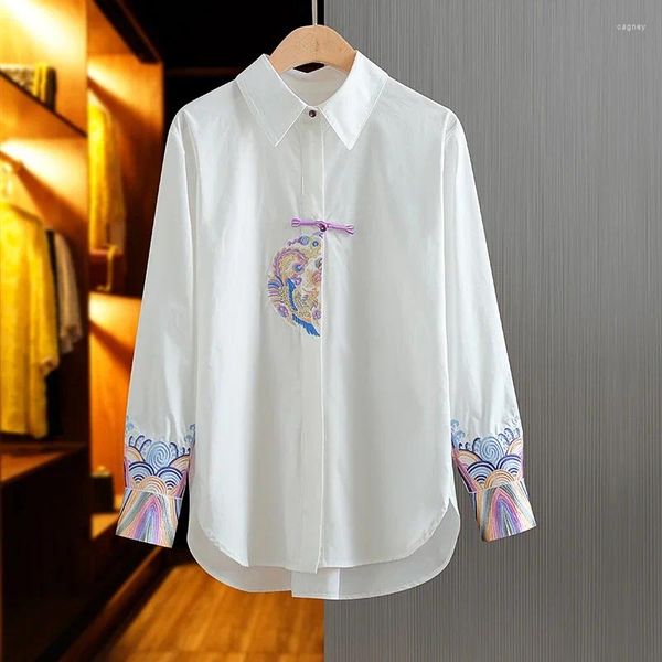 Blusas femininas ycmyunyan-cetim estilo chinês camisas de seda bordado mangas compridas roupas soltas primavera verão