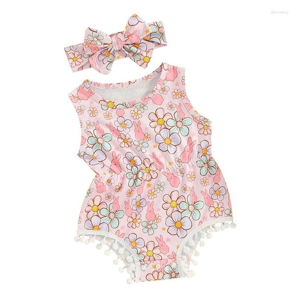 Kleidungssets Baby Mädchen Strampler Blumenkaninchendruck Ärmellos Quaste Säuglingsbodysuit Sommer Ostern Kleidung Overalls