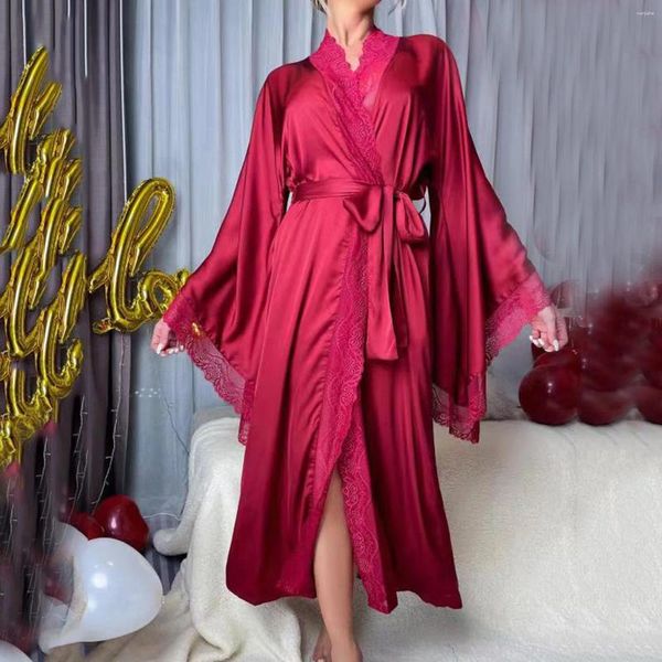 Indumenti da notte da donna Sexy Ice Silky Kimono Robe da donna Patchwork di pizzo Accappatoio Abito Flare Sleeve Nightwear Sposa Abiti da sposa Loungewear